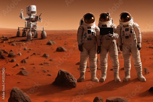 Group of astronauts make a selfie In the space, explores the surface of Mars. First archiwal epic photography. In the background, the first Martian rover  photo