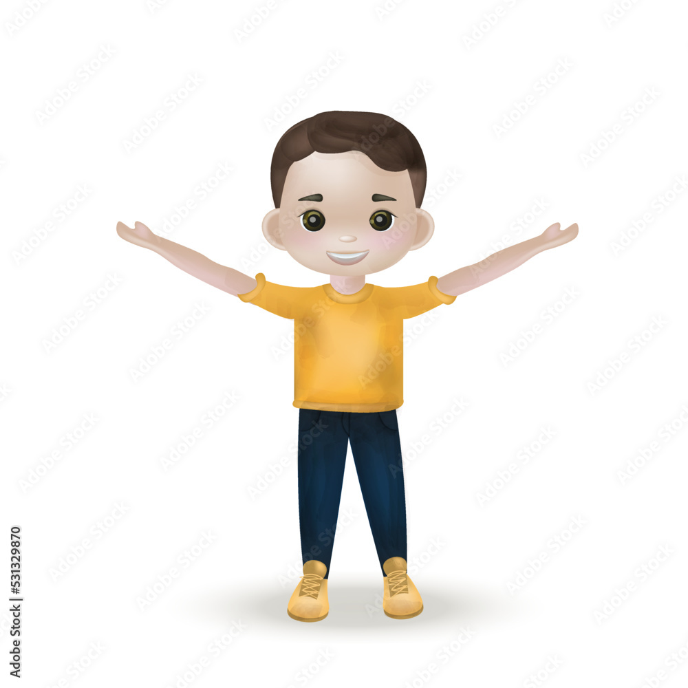 Character boy 3d. Realistic vector illustration. A happy boy at full height with hands up is smiling. Optimistic child, cartoon style. 