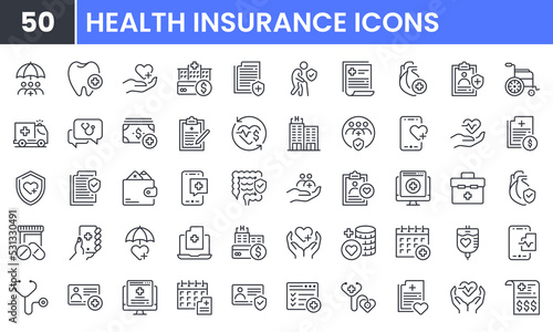 Health Insurance vector line icon set. Contains linear outline icons like Hospitalization, Medical Coverage, Dental, Emergency, Healthcare, Rehabilitation, Protection. Editable use and stroke for web.