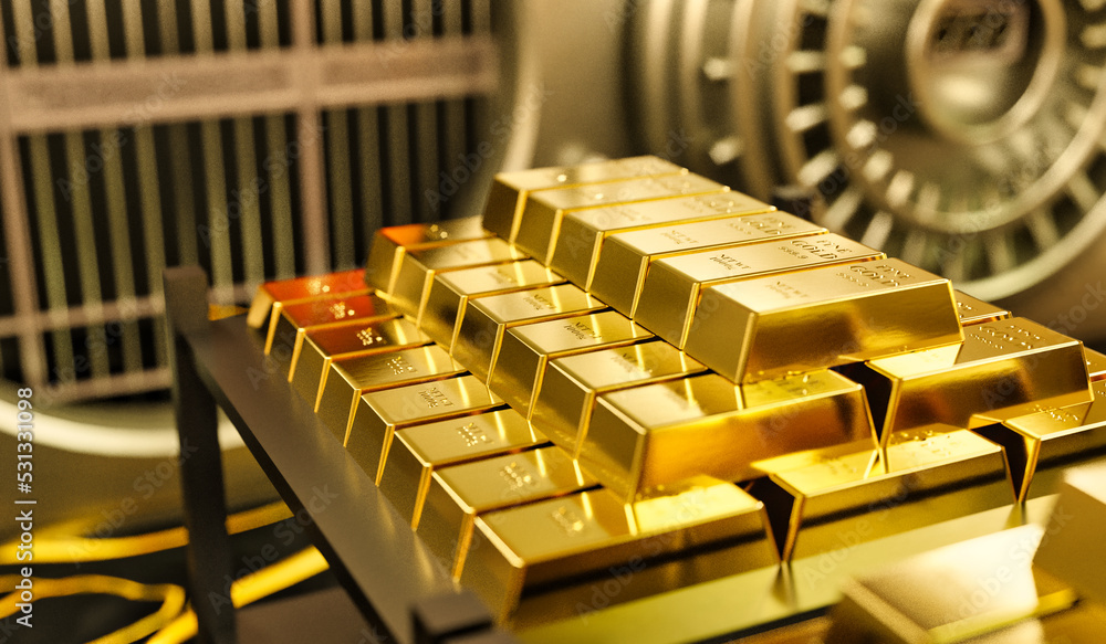 Gold ingot, bullion gold, gold bars, bank vault, stacked 3D Rendering, bank vault, reserve, invest, 3D Illustration Gold ingot, bullion gold, gold bars, bank vault, stacked 3D Rendering, bank vault, reserve, invest, 3D Illustration