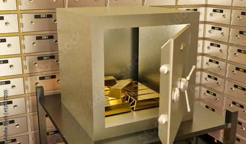 Photos Gold ingot, bullion gold, gold bars, bank vault, stacked 3D Rendering, bank vaul