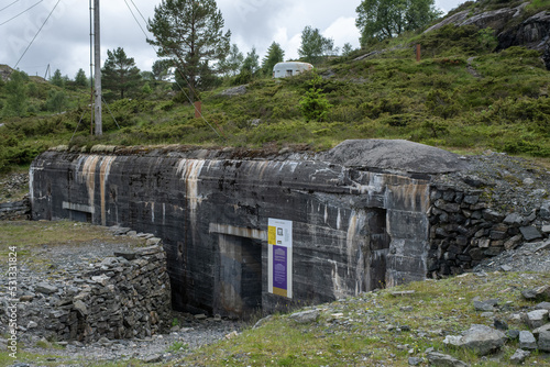 Fjell, Norway - June 15, 2022:  Fjell Fortress was built by the German occupation forces during Second World War. Its main commission was to intercept the seaward approach to Bergen. Selective focus photo