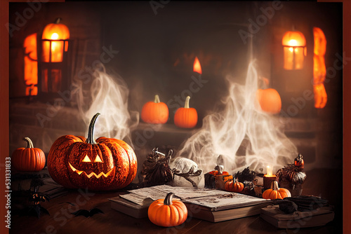 Cozy Halloween decorations with a fireplace and festive attributes, Photozone for Halloween, Background v1 © 2rogan
