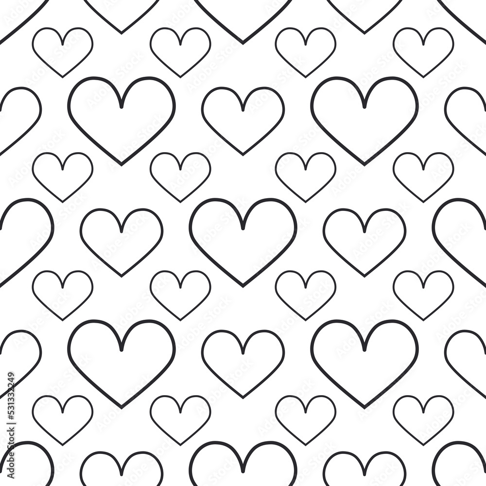 Hearts with a black outline on a white background for coloring. Seamless cute pattern. 