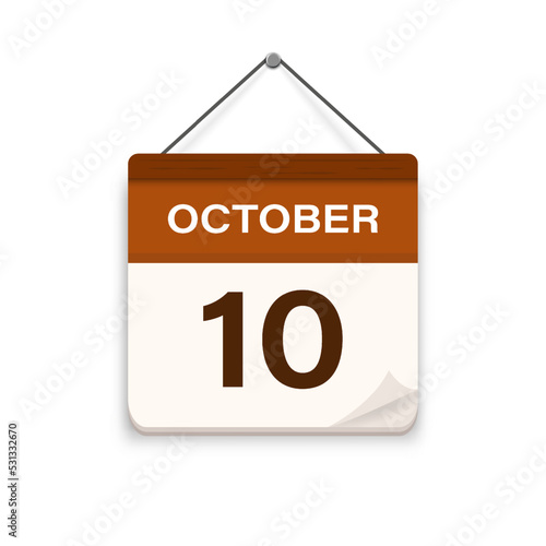 October 10, Calendar icon with shadow. Day, month. Meeting appointment time. Event schedule date. Flat vector illustration. 