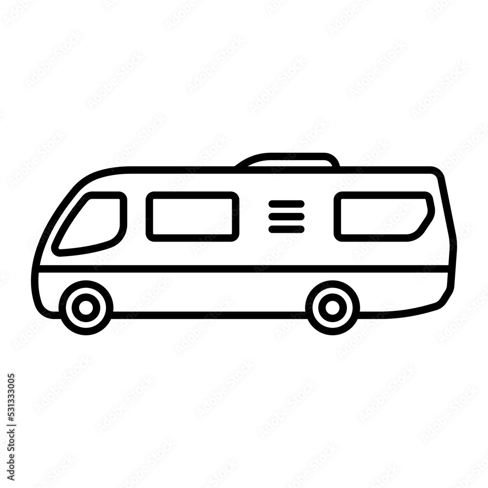 Motorhome icon. Camper, caravan. Black contour linear silhouette. Side view. Editable strokes. Vector simple flat graphic illustration. Isolated object on a white background. Isolate.
