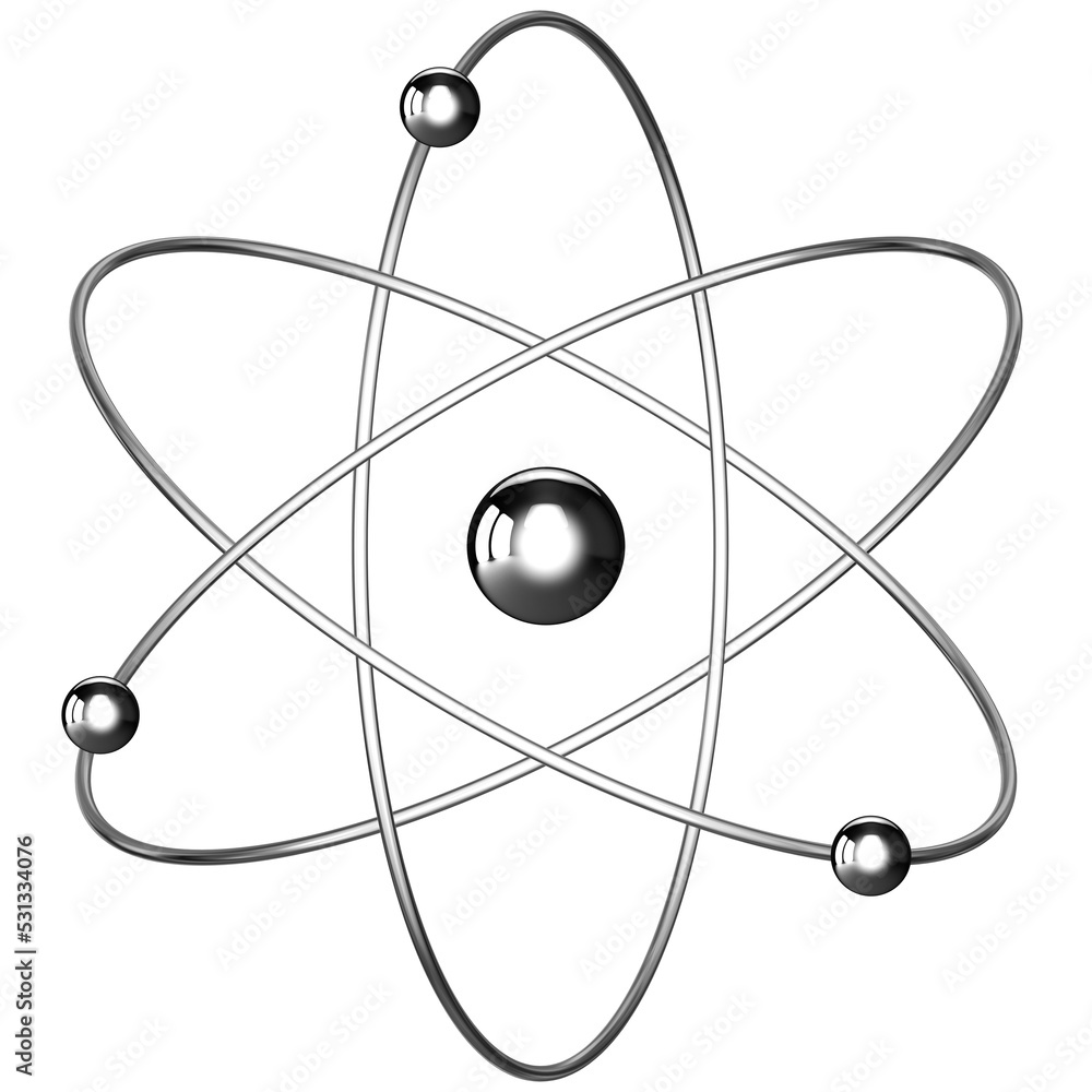 Metallic 3D Model of Atom, Symbol of Nuclear Age, Electrons Moving Around a Nucleus Metallic 3D Model of Atom, Symbol of Nuclear Age, Electrons Moving Around a Nucleus