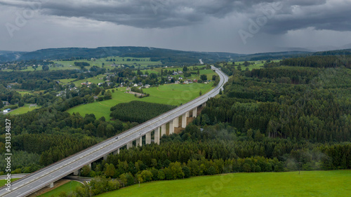 Aerial view of a viaduct in the Ardennes, part of the E42 (A27) highway