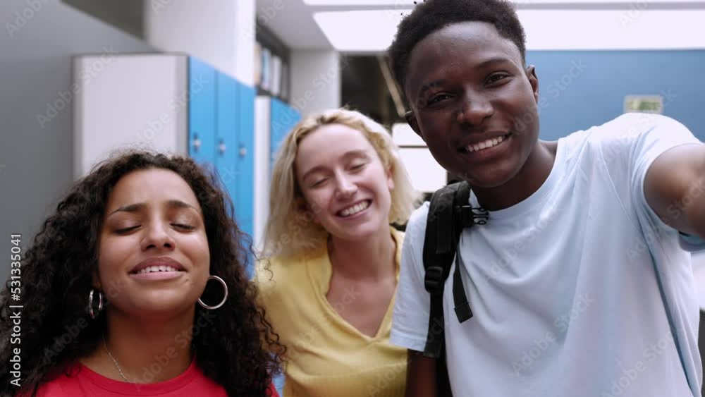 Point of view shot of cheerful young group of diverse students calling friends making online video call using smart mobile phone app. High quality 4k footage Point of view shot of cheerful young group of diverse students calling friends making online video call using smart mobile phone app. High quality 4k footage