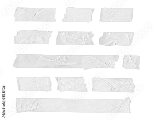 Collection of adhesive tape pieces on transparent background, isolated