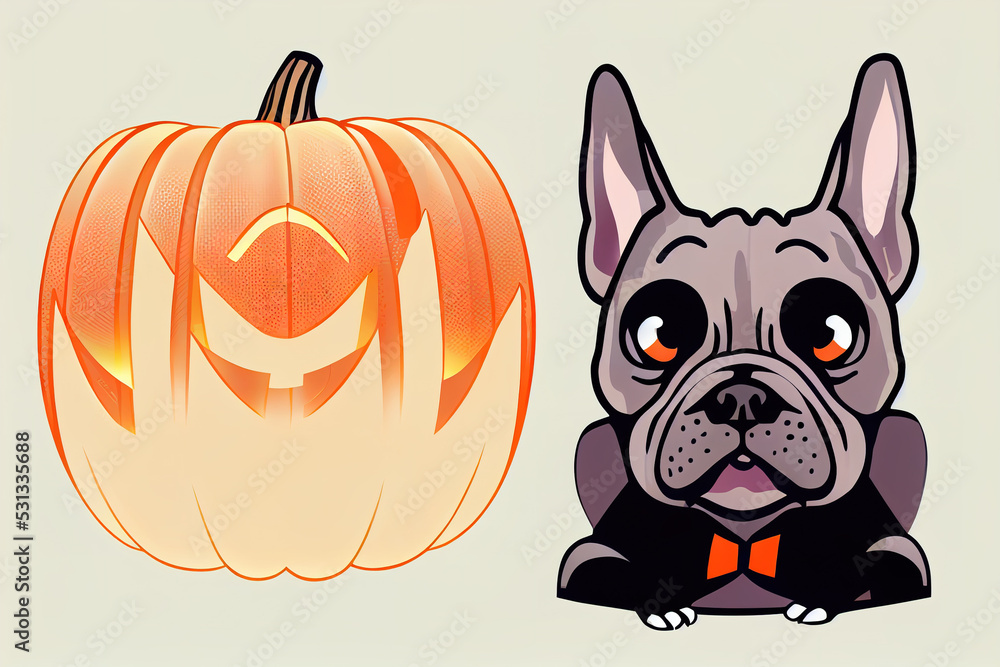 Fototapeta premium dog french bulldog pumpkin Halloween icon logo illustration symbol cartoon ,toon style, anime style, cartoon stylev3