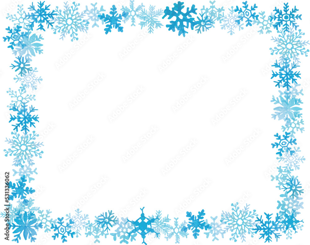 水彩画。水彩タッチの雪の結晶ベクターイラスト。雪の結晶のベクターフレーム。Watercolor painting. Snowflake vector illustration with watercolor touch. Snowflake vector frame.