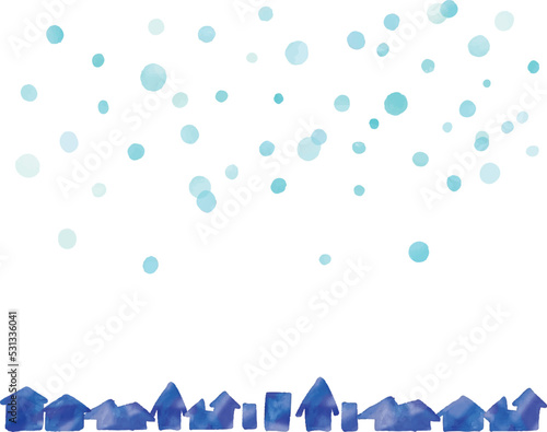 水彩画。水彩タッチのベクター雪イラストと街並み。雪景色の背景。
