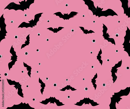 A wallpaper with copy space made of bats in different sizes and black and white eyes on magenta background. Creative design for Halloween advertisement or banner or card. Flat lay © Miss V
