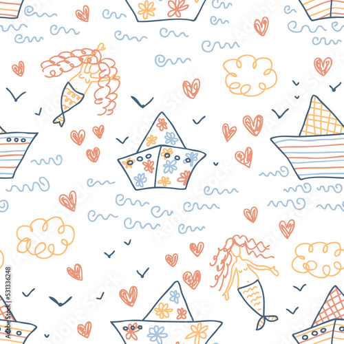 Doodle seamless pattern with boats, mermaids and hearts. Romantic print for tee, paper, fabric, textile. Hand drawn vector illustration for decor and design.