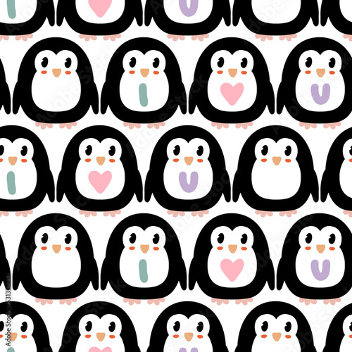 Cartoon style penguins and hearts seamless pattern. Perfect print for paper, textile and fabric. Hand drawn vector illustration for decor and design.