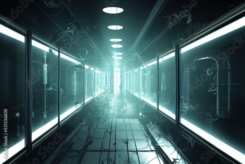 Obraz na plátně The long illuminated corridor of a modern laboratory