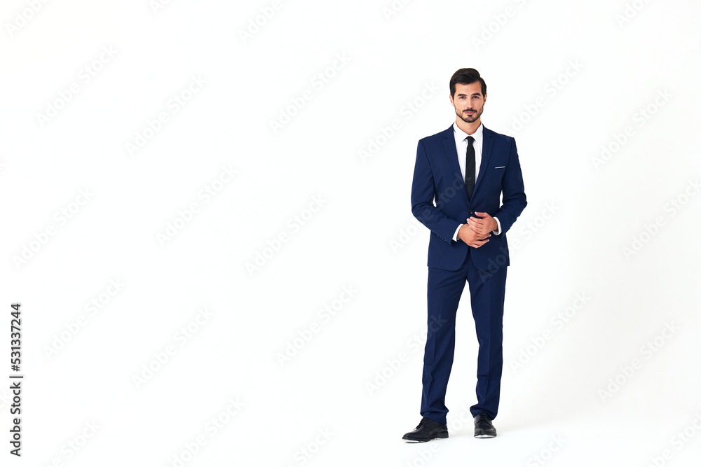 Man business smile with teeth in a suit business job walks open mouth happiness and surprise full-length on white isolated background copy space Man business smile with teeth in a suit business job walks open mouth happiness and surprise full-length on white isolated background copy space