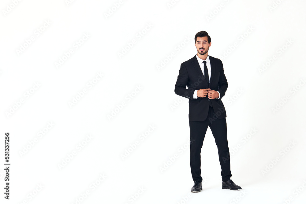 Man business smile with teeth in a suit business job walks open mouth happiness and surprise full-length on white isolated background copy space Man business smile with teeth in a suit business job walks open mouth happiness and surprise full-length on white isolated background copy space