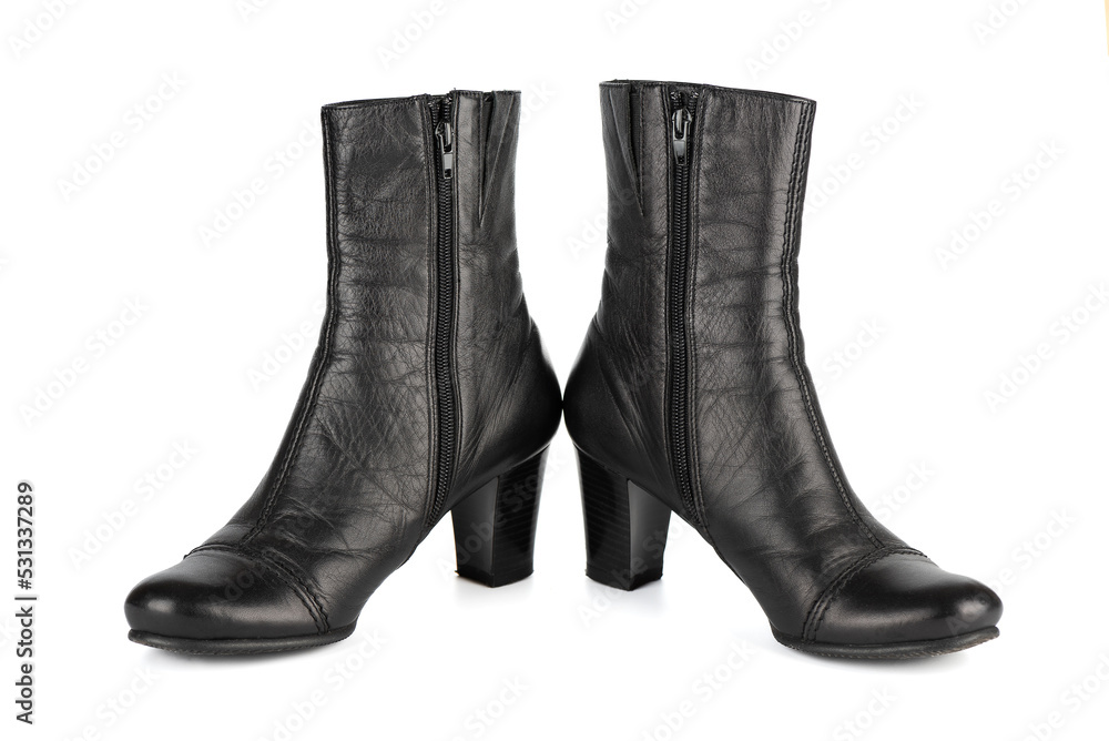 One pair of women's black autumn mid-heel ankle boots with zip fastening.