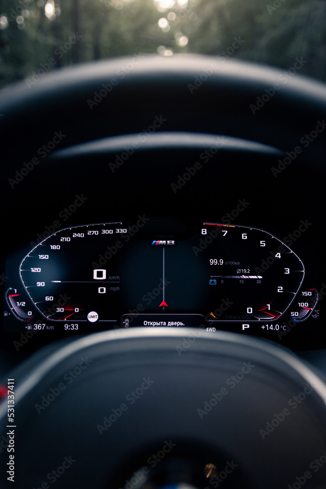 BMW M8 F92 Competition interior and speedometer. Kyiv, Ukraine