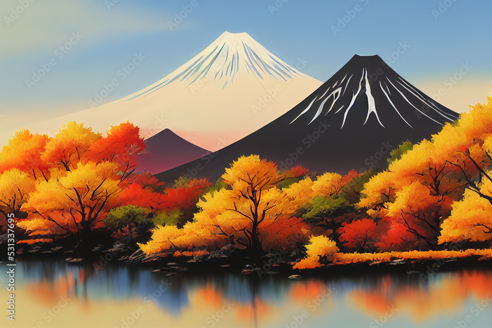 Toon Ink Fall Mt, Fuji with fall colors in Japan, anime style, cartoon style toon ...