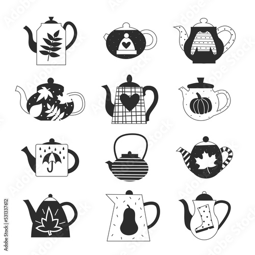 Cozy fall black and white image collection. Isolated autumn elements clipart concept. Vector flat illustration set.
