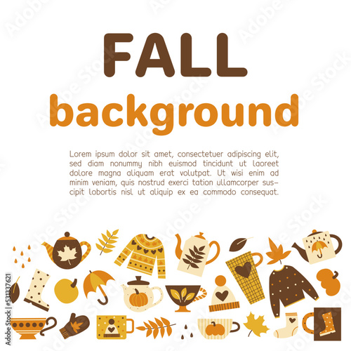 Fall elements collection for text in center. Cozy fall concept clipart. Orange brown yellow palette images. Vector flat illustration set.