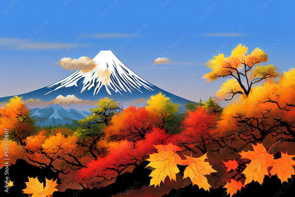 Toon Ink Fall Mt, Fuji with fall colors in Japan, anime style, cartoon style toon ...