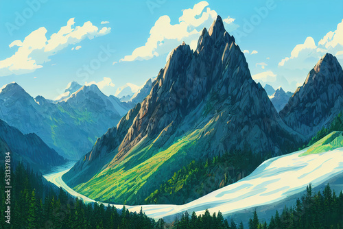 Picturesque mountain valley scenic view, Marvelous mountain range, Altai mountains, Belukha Mountain wall view, Akkem glacier anime style, cartoon style toon style