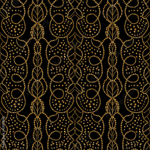 seamless pattern with ornament. golden glittery pattern tile isolated on balck 