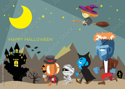 ハロウィンのかわいいキャラクターが行進するイラストのポストカード