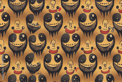 Funny cartoon emotions faces seamless pattern, Happy smiler monsters repeat print, Grunge brush trace track and stars endless ornament, painting, illustration, drawing v3