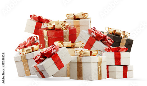 фотографія Christmas gifts white red and golden 3d-illustration,webp transparent