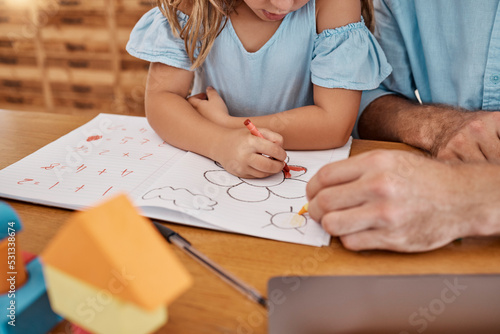 Bilde på lerret Girl, student and teacher with color crayon for creative lesson for hand coordination skills