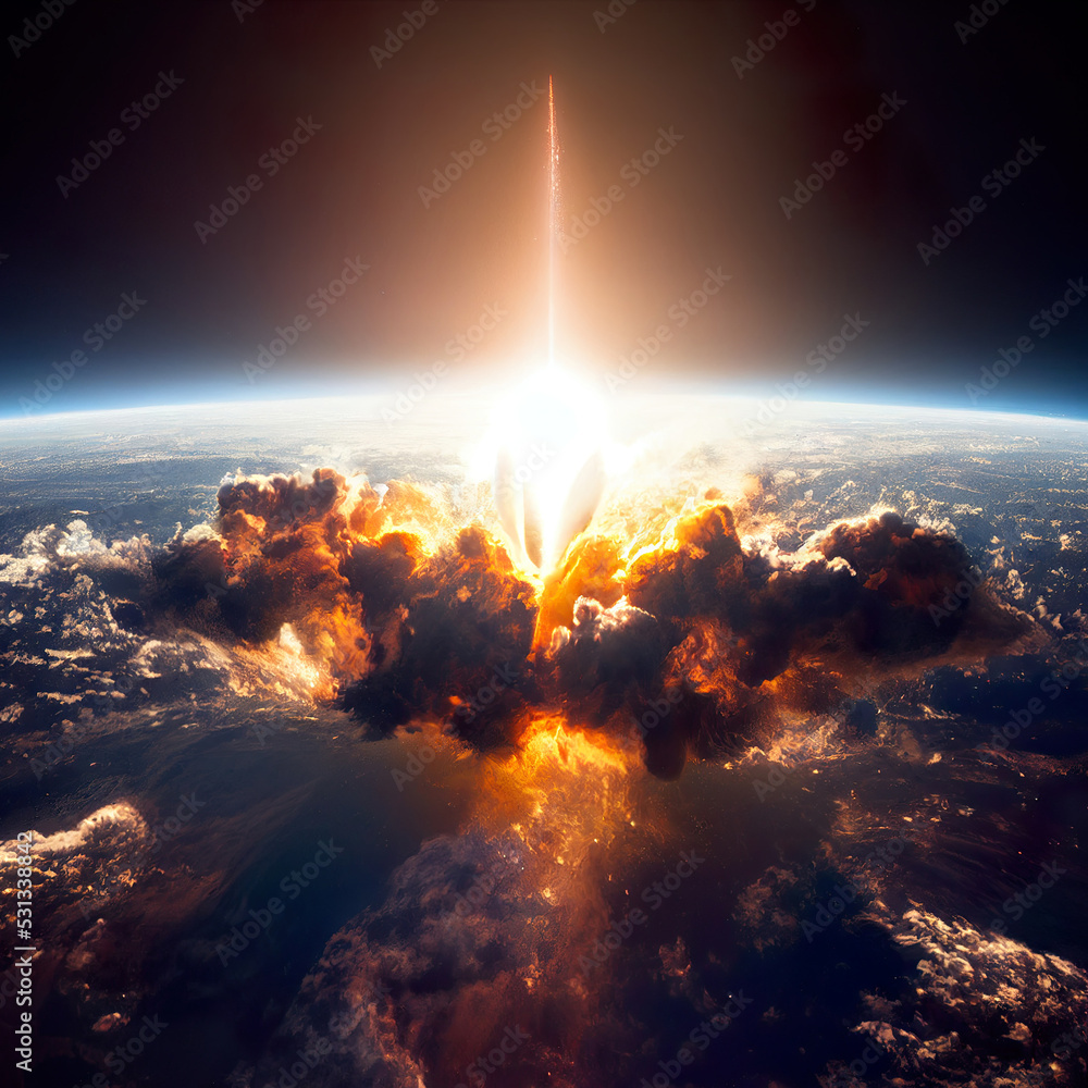 Nuclear bomb explosion. Atomic explosion on planet earth, view from space