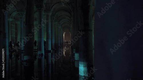 Basilica Cistern the city of Istanbul.
Historical place with columns and water.
 photo