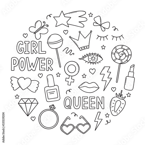 Hand drawn set of Girl power doodle. Feminist elements and girls party in sketch style. Vector illustration isolated on white background