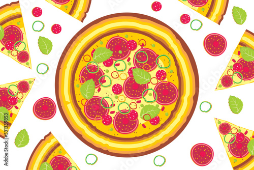 Pizza vector. Melted pizza cheese. Illustration of delicious pizza full of toppings