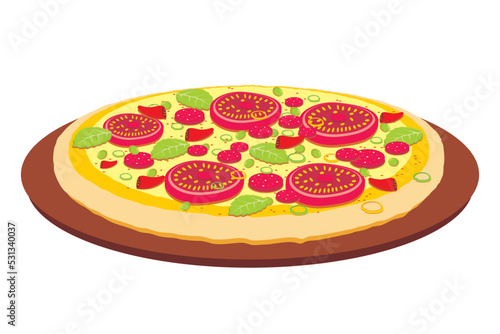 pizza vector. Melted pizza cheese. Illustration of delicious pizza full of toppings