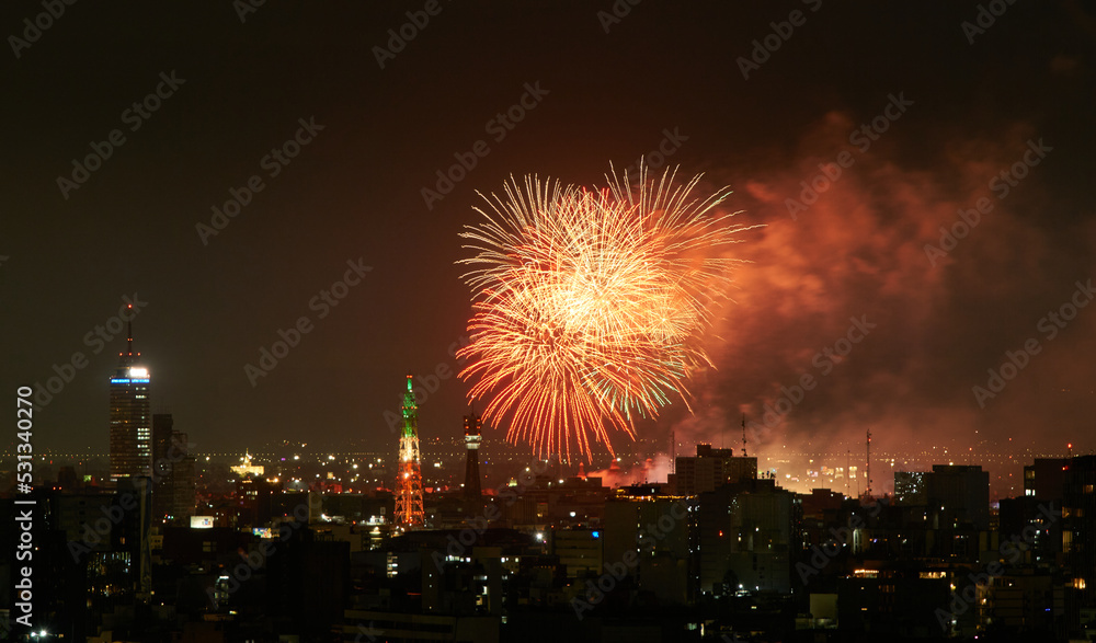 fireworks celebrating mexico's independence day, panoramic view of mexico city at night