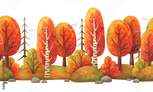 An endless illustration of the autumn environment. Watercolor seasonal landscape. Seamless fall nature pattern.  Horizontal border with trees and bushes. Isolated hand painted image of a forest park
