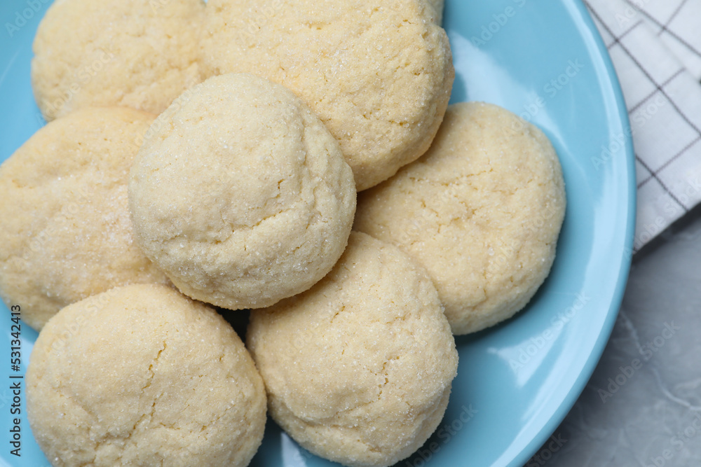 Delicious sugar cookies on light grey table, top view Delicious sugar cookies on light grey table, top view