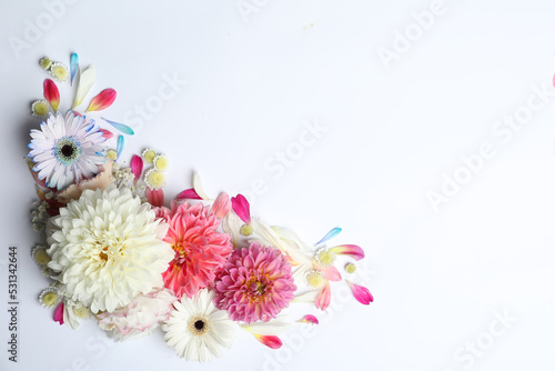 Beautiful dahlia and gerbera flowers on white background, flat lay. Space for text