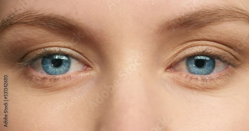 Beauty, vision and eye zoom of woman after ocular ophthalmology surgery focus dilated pupils to test for glaucoma or eyesight. Face of girl with closeup of beautiful, natural and healthy blue eye photo