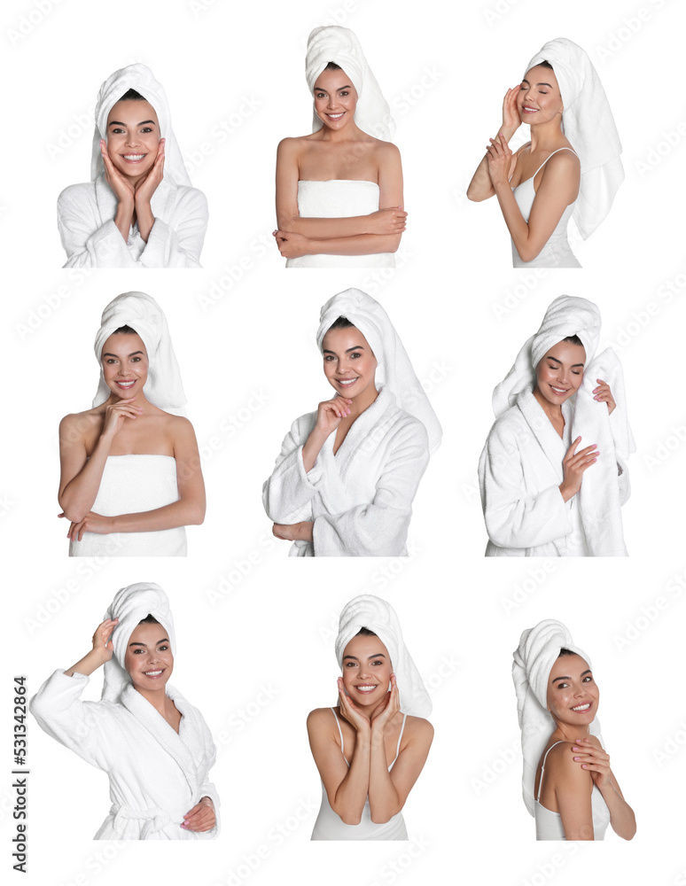 Collage with photos of beautiful young woman with towels on white background Collage with photos of beautiful young woman with towels on white background
