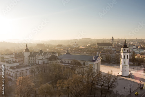 Beautiful Vilnius city panorama in winter. Aerial sunrise view. Winter city scenery in Lithuania.