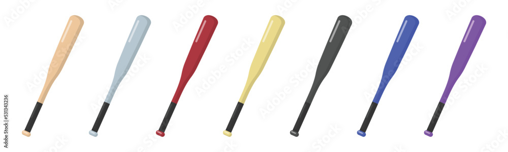 Vector graphic of 7 baseball stick. Black, gold, red, blue, purple, and silver baseball stick illustration with flat design style. Suitable for poster or content design assets Vector graphic of 7 baseball stick. Black, gold, red, blue, purple, and silver baseball stick illustration with flat design style. Suitable for poster or content design assets