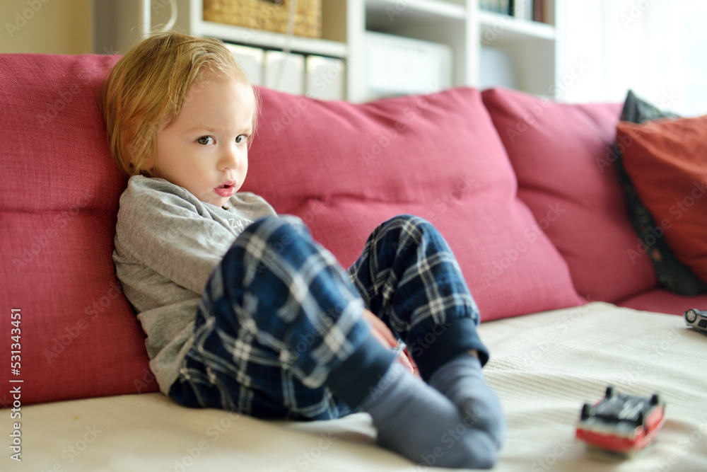 Cute toddler boy playing with red toy car. Small child having fun with toys. Kid spending time in a cozy living room at home. Cute toddler boy playing with red toy car. Small child having fun with toys. Kid spending time in a cozy living room at home.