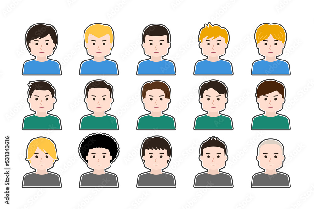 Avatar sticker set of man faces with frame border Avatar sticker set of man faces with frame border